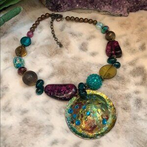 Chunky Colorful Beaded Statement Necklace with Center Disc Rhinestones Eclectic